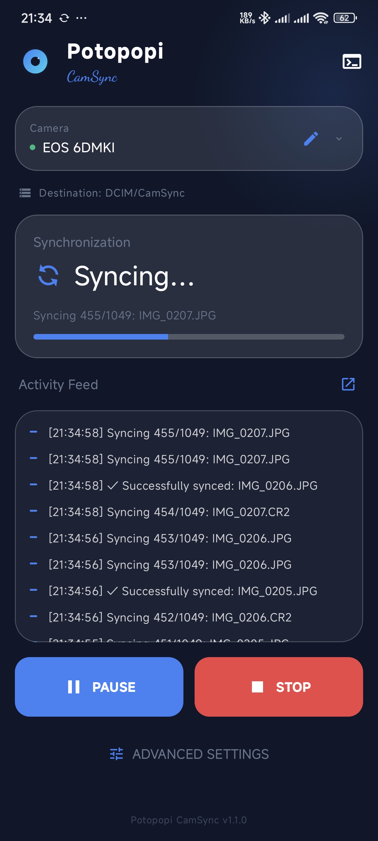 Potopopi CamSync App Real Dashboard Preview
